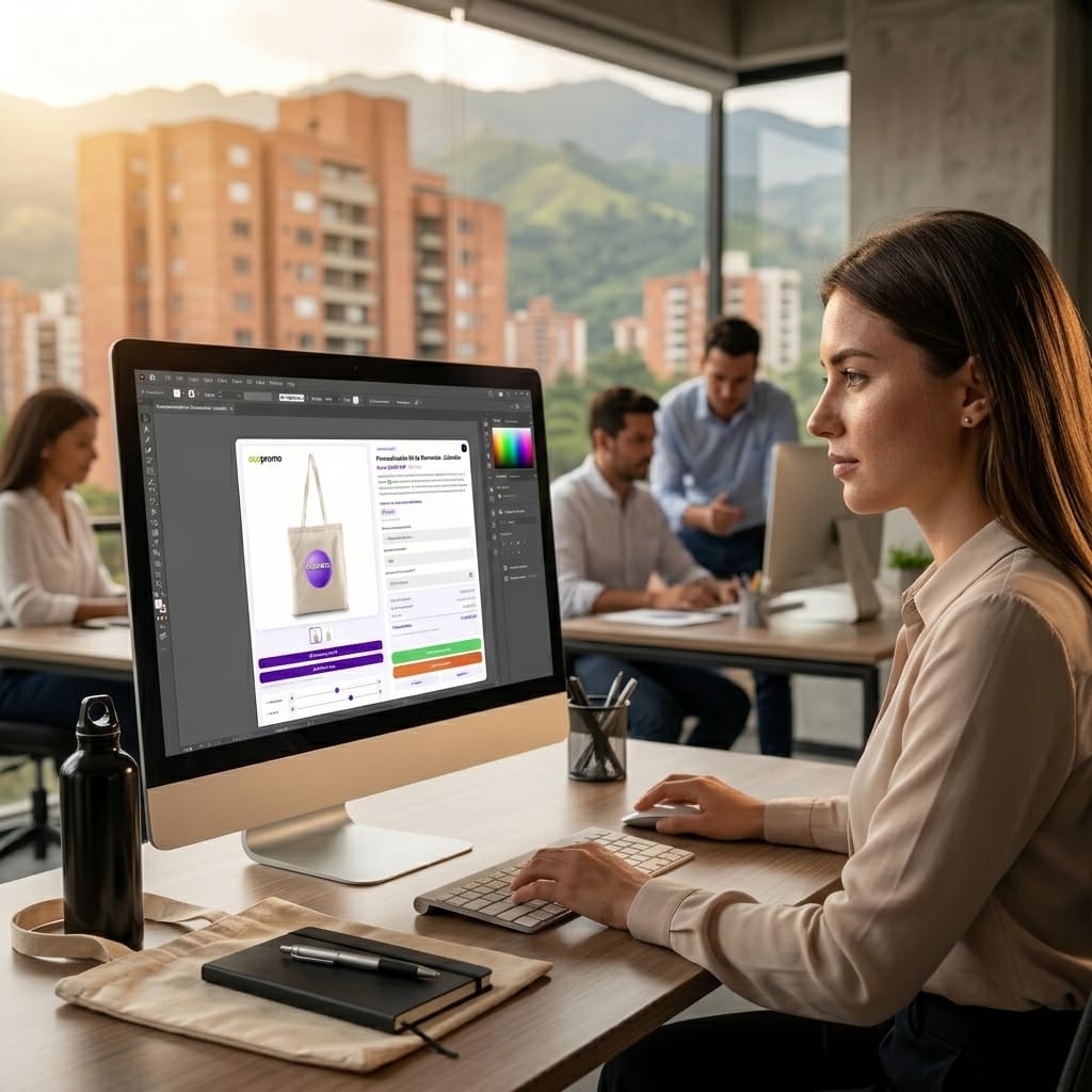 Mujer visualizando logo en producto corporativo antes de cotizar — Markmelo Colombia